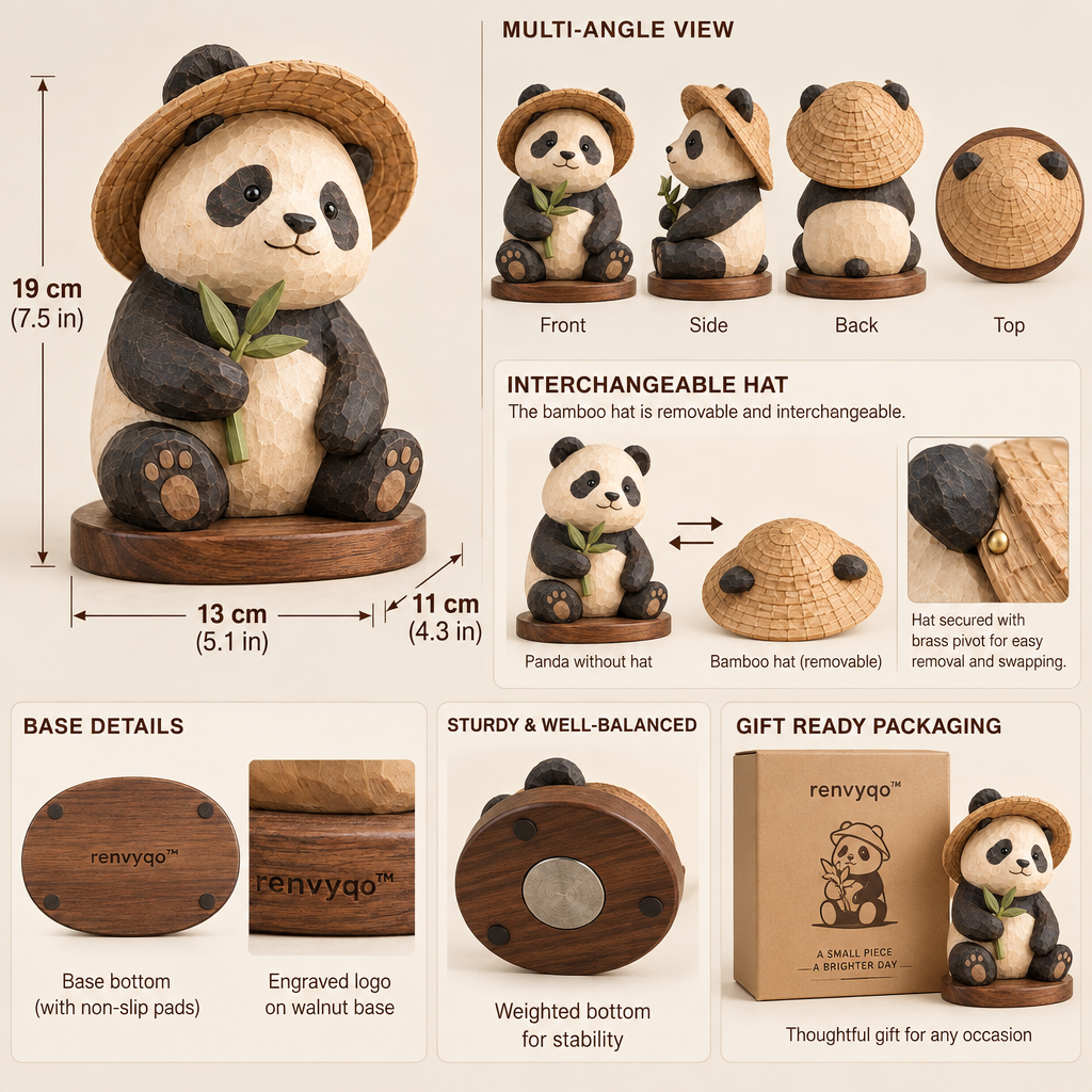 renvyqo™ BambooHat Hat-Wearing Panda Wood Figurine image 6