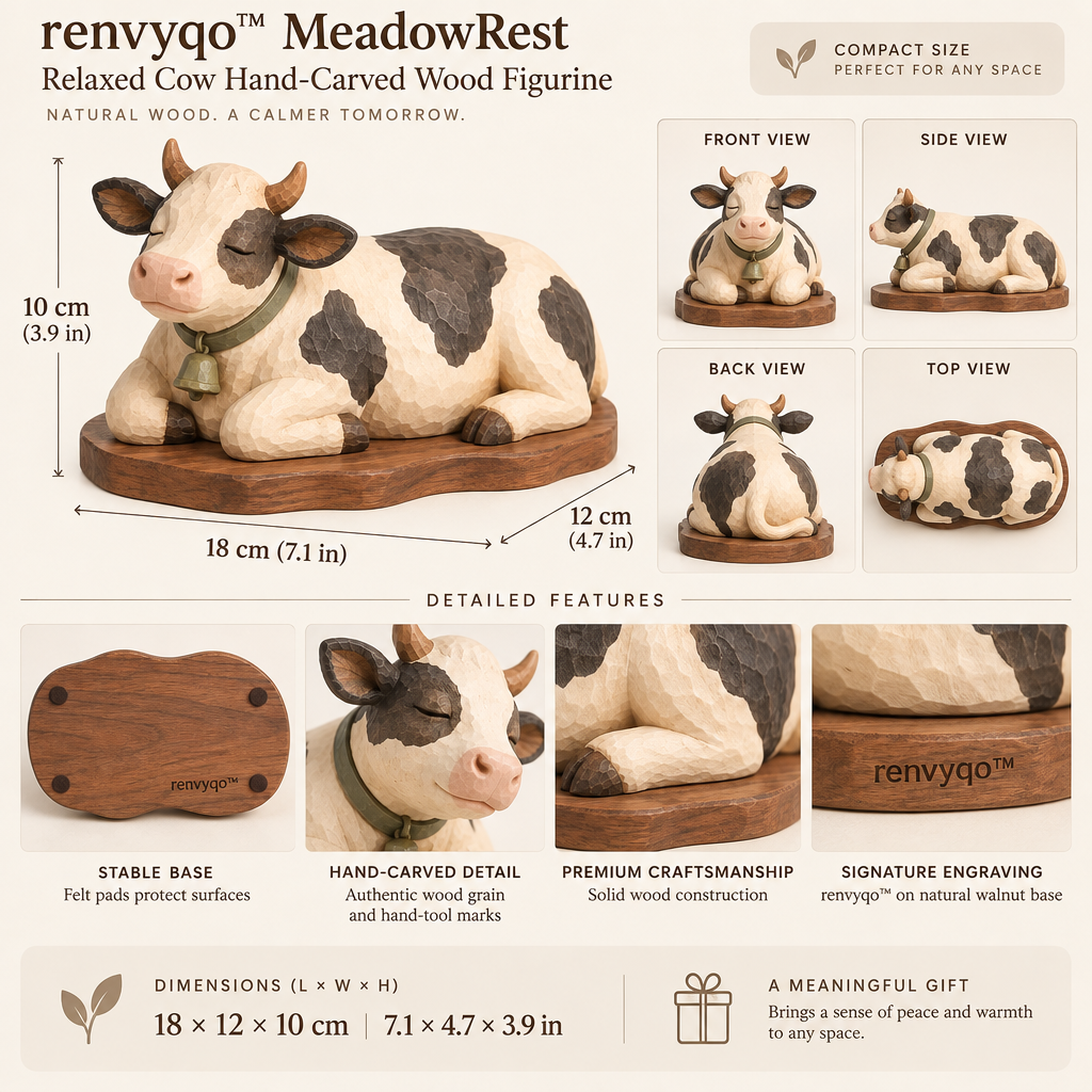 renvyqo™ MeadowRest Relaxed Cow Hand-Carved Wood Figurine image 6