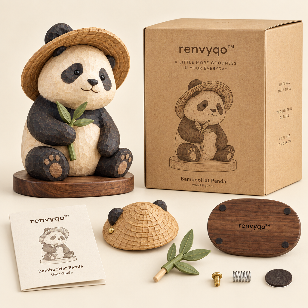 renvyqo™ BambooHat Hat-Wearing Panda Wood Figurine image 2