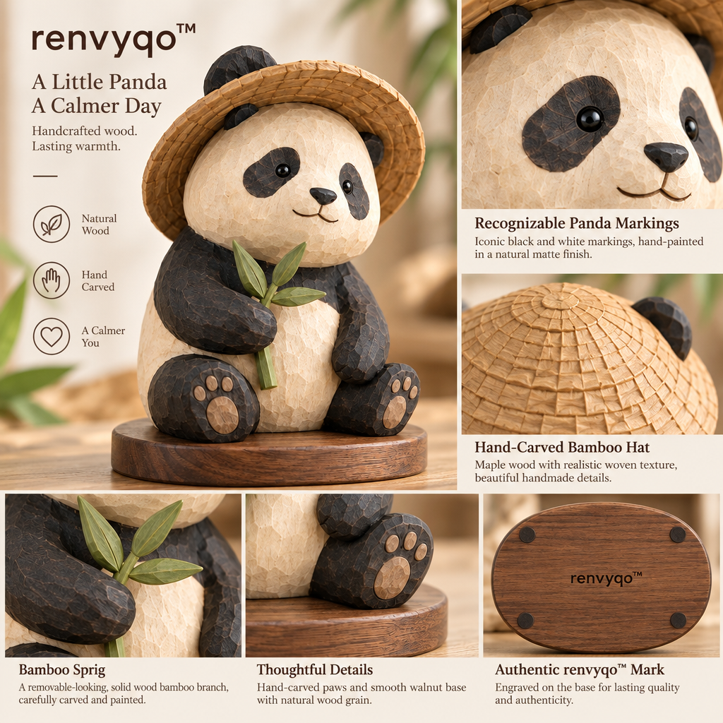 renvyqo™ BambooHat Hat-Wearing Panda Wood Figurine image 3
