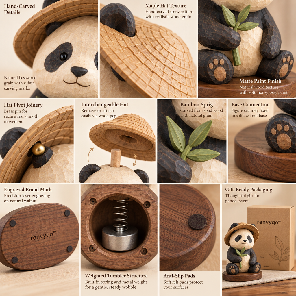 renvyqo™ BambooHat Hat-Wearing Panda Wood Figurine image 4