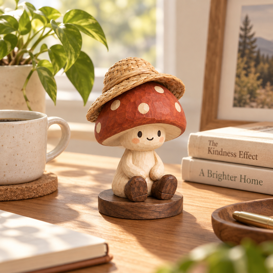 renvyqo™ Hatcap Straw-Hat Mushroom Wood Figurine product view