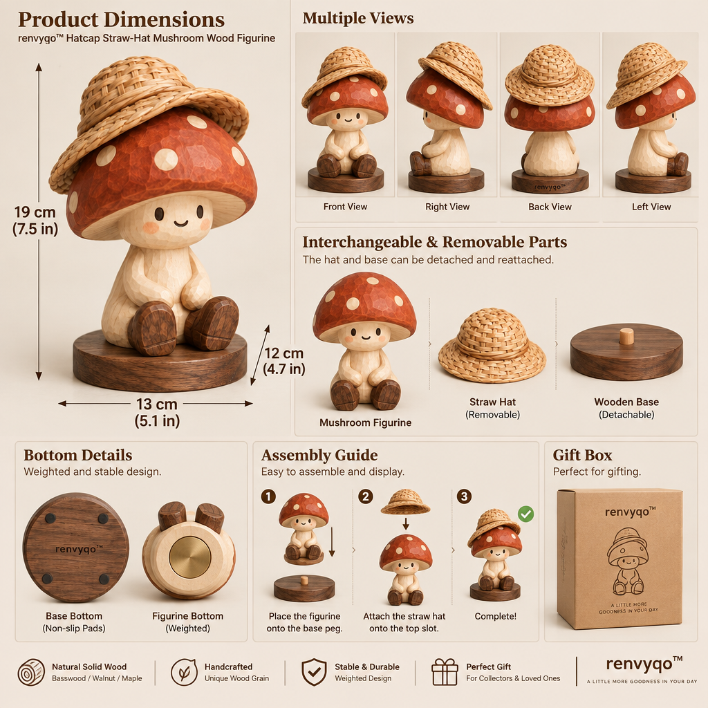 renvyqo™ Hatcap Straw-Hat Mushroom Wood Figurine image 6