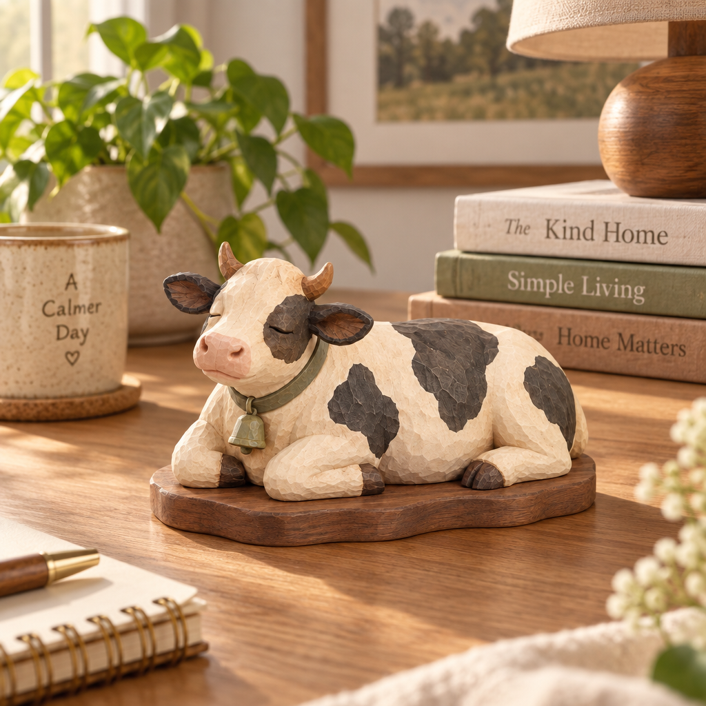 renvyqo™ MeadowRest Relaxed Cow Hand-Carved Wood Figurine product view