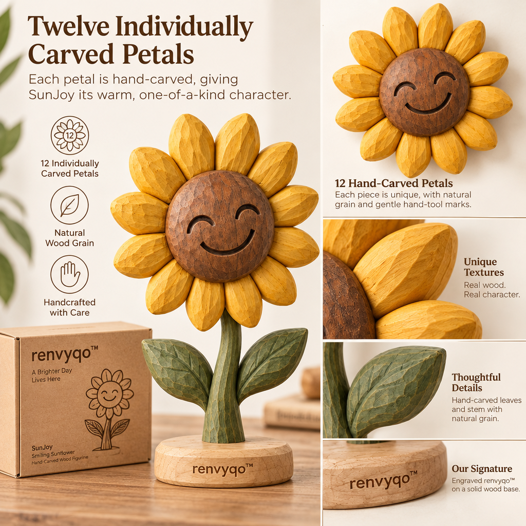 renvyqo™ SunJoy Smiling Sunflower Hand-Carved Wood Figurine image 3
